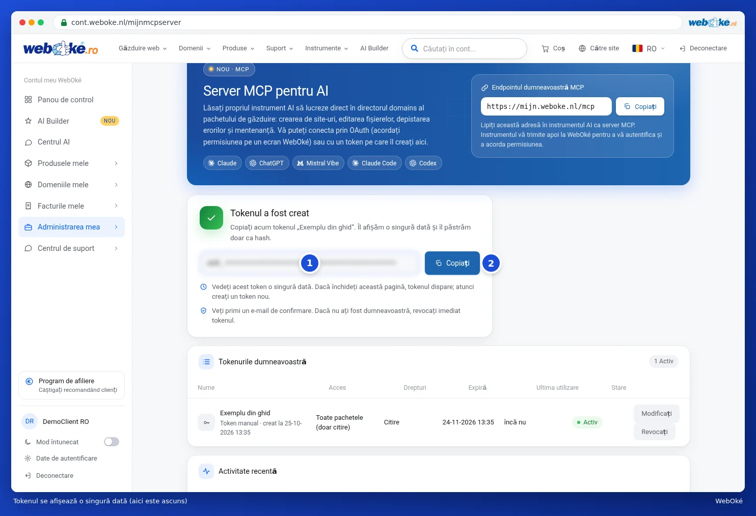 Mesajul Tokenul a fost creat cu tokenul făcut ilizibil