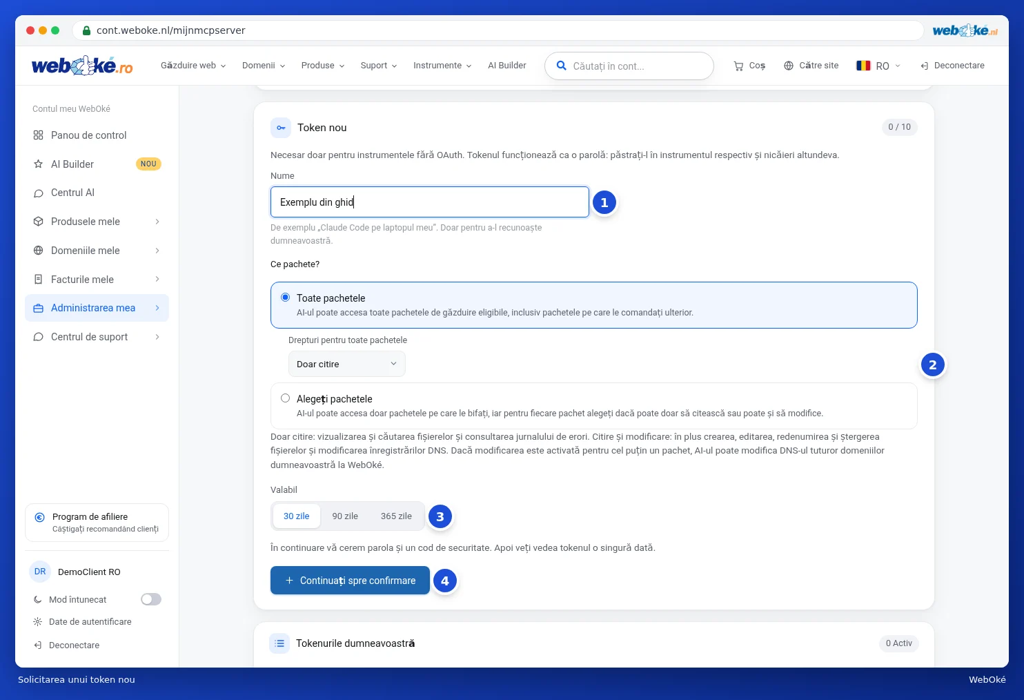 Formularul Token nou cu nume, pachete, drepturi și valabilitate