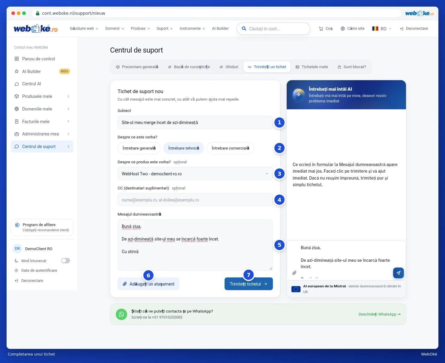 Formularul completat Tichet nou de suport cu subiect, tip de întrebare, produs, CC și mesaj