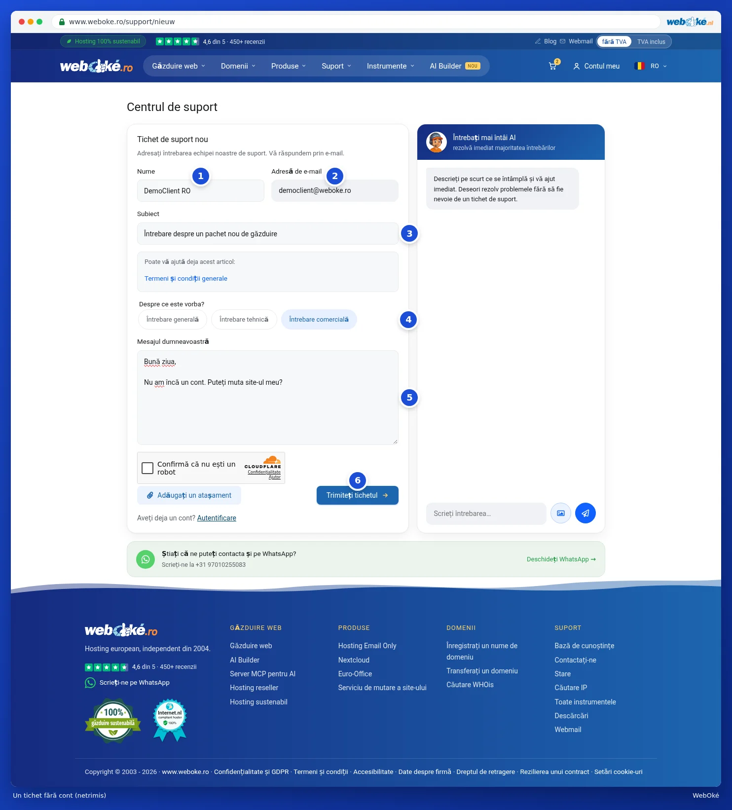 Formularul de tichet completat pe site, cu nume, adresă de e-mail, subiect, tip de întrebare și mesaj