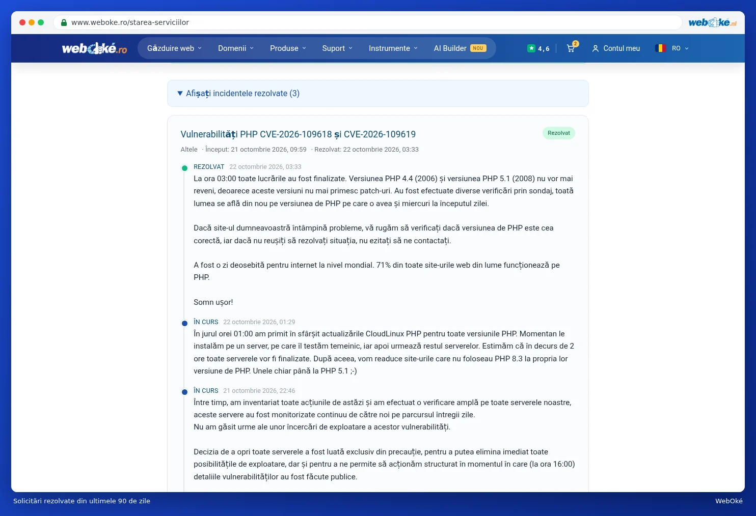 Un incident rezolvat cu cronologia actualizărilor