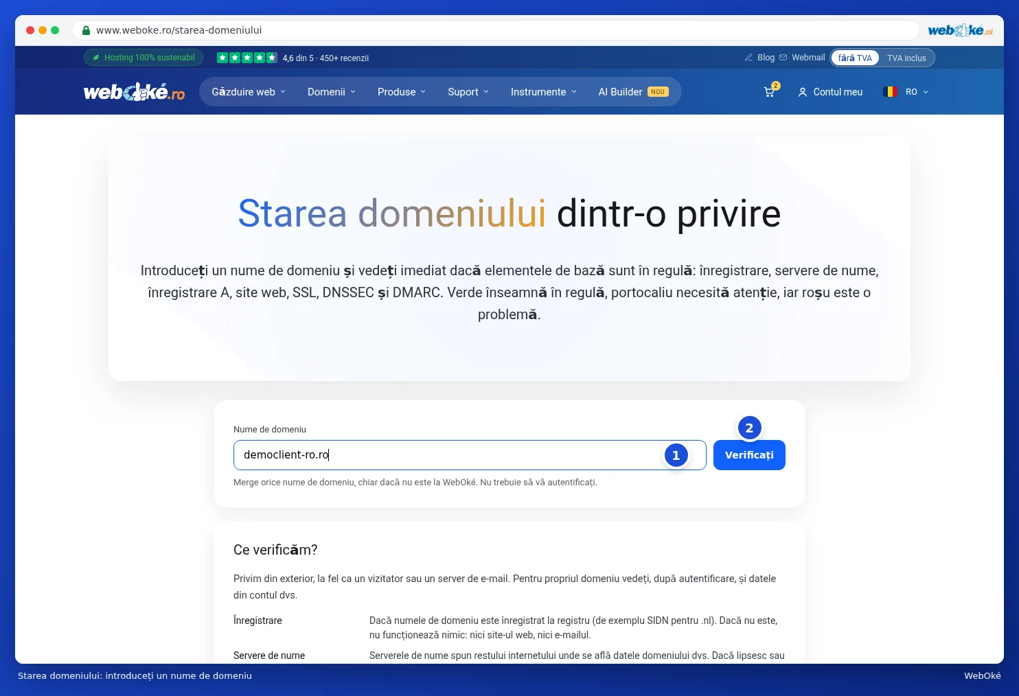 Pagina Starea domeniului cu un nume de domeniu completat și butonul Verificați