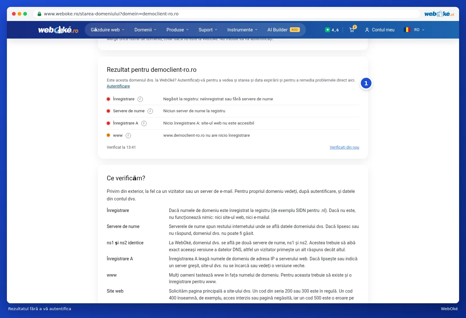 Rezultatul pentru un domeniu fără autentificare, cu puncte roșii și portocalii și linkul Autentificare