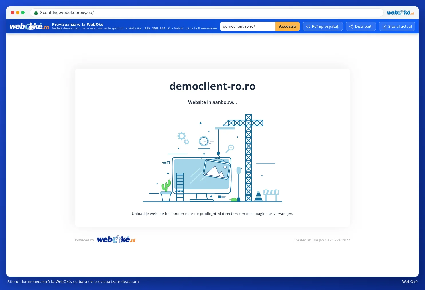 Site-ul web al clientului demonstrativ la WebOké cu bara albastră de previzualizare deasupra