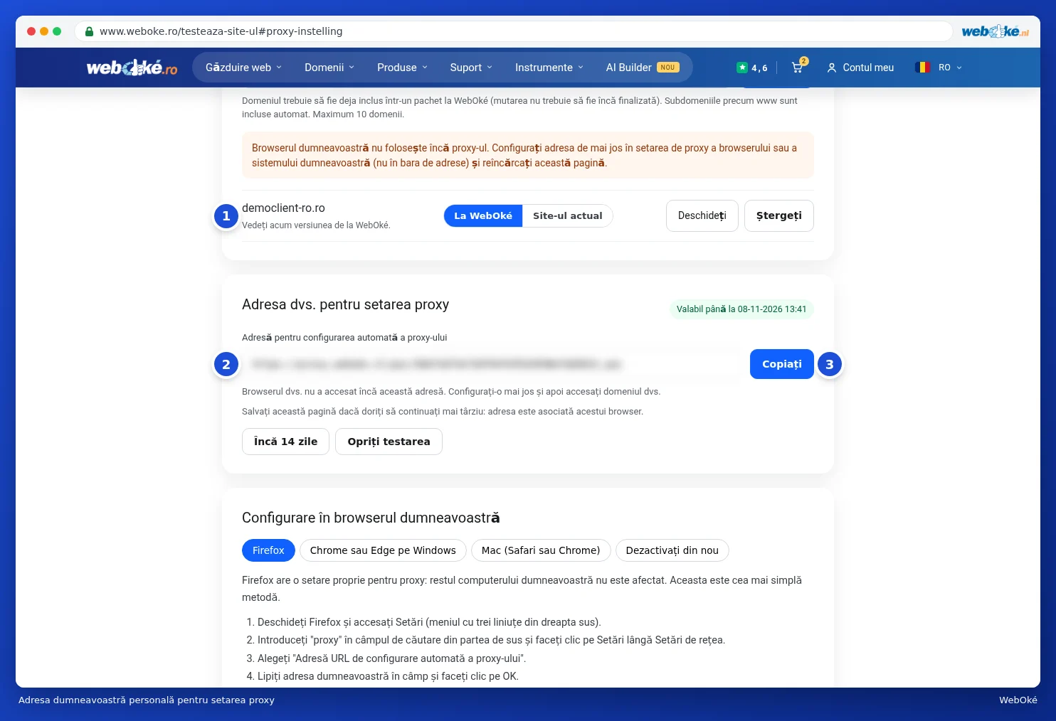 Domeniul adăugat, adresa proxy personală cu butonul Copiați și butoanele pentru prelungire sau oprire
