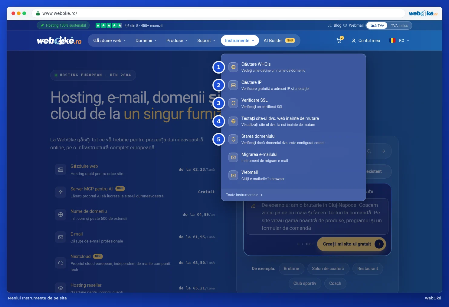 Meniul deschis Instrumente de pe site-ul web cu Căutare WHOis, Căutare IP, Verificare SSL, Testați site-ul dvs. web înainte de mutare și Starea domeniului
