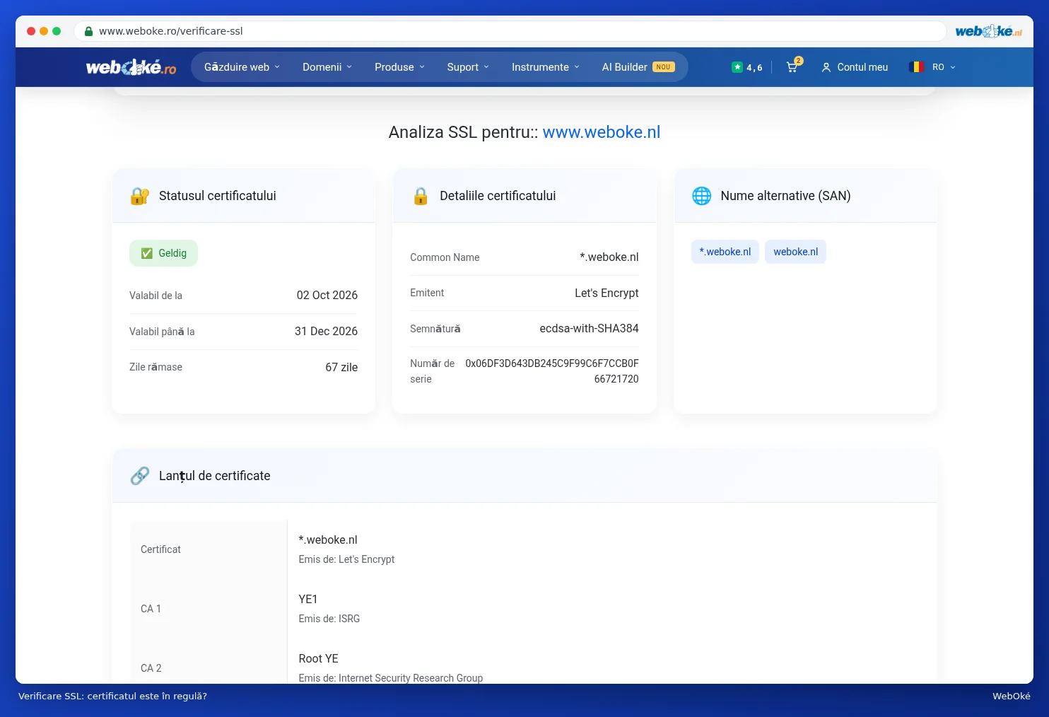 Rezultatul verificării SSL pentru www.weboke.nl cu statusul, detaliile, numele alternative și lanțul