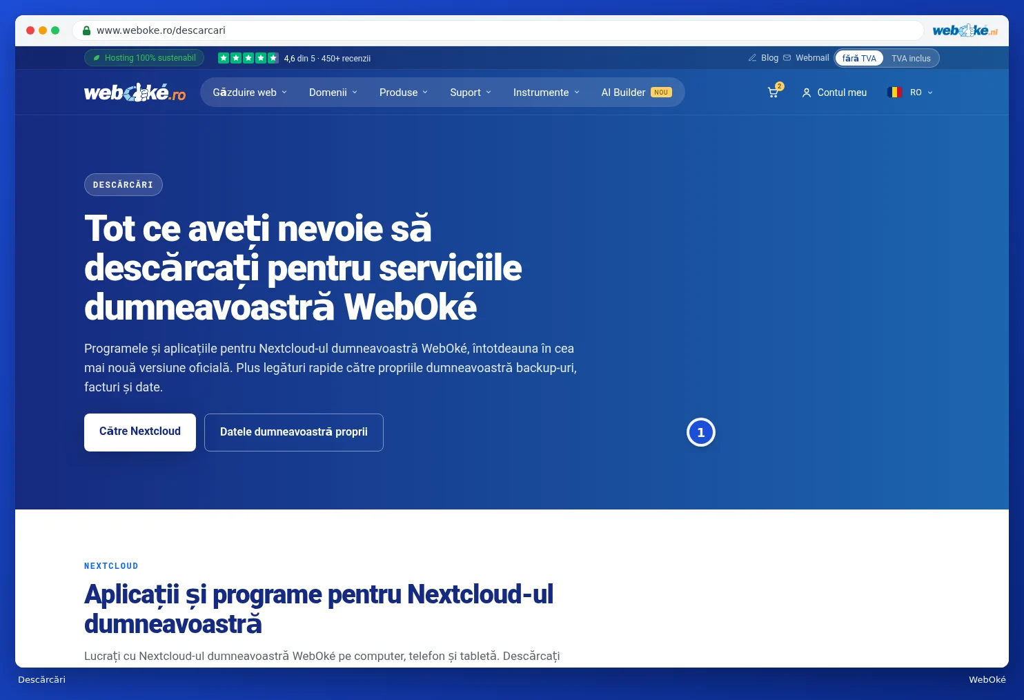 Partea de sus a paginii Descărcări cu butoanele Spre Nextcloud și Datele dumneavoastră
