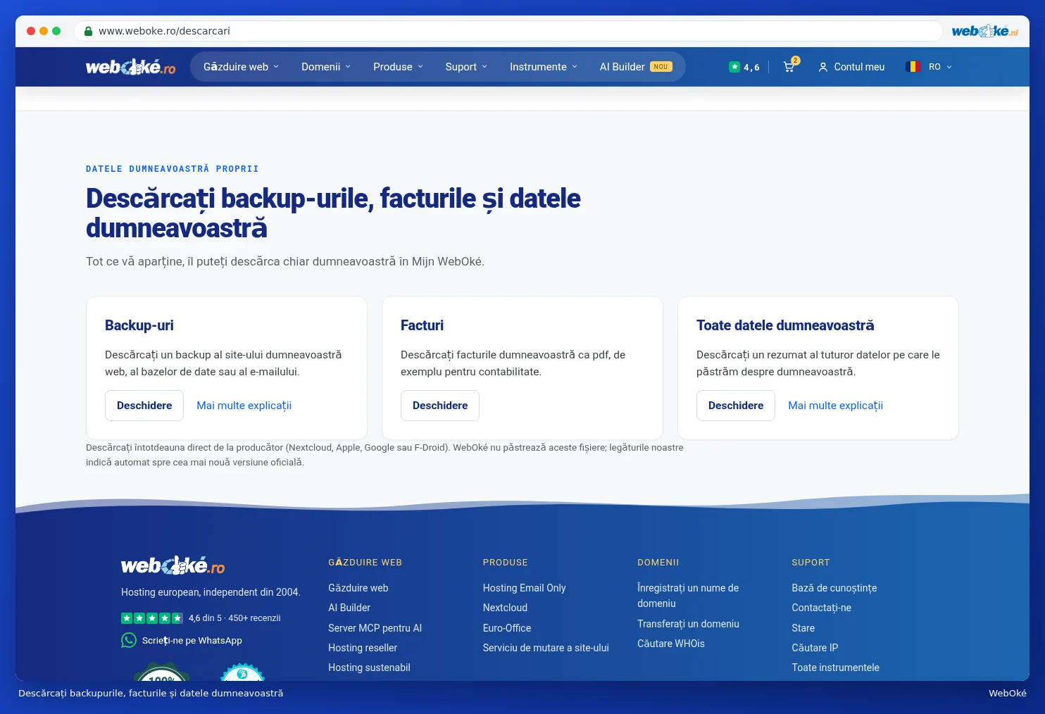 Cardurile Backupuri, Facturi și Toate datele dumneavoastră cu butoanele Deschideți