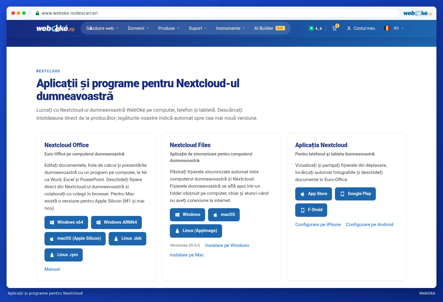 Cardurile cu aplicațiile și programele pentru Nextcloud cu butoanele de descărcare pentru fiecare sistem