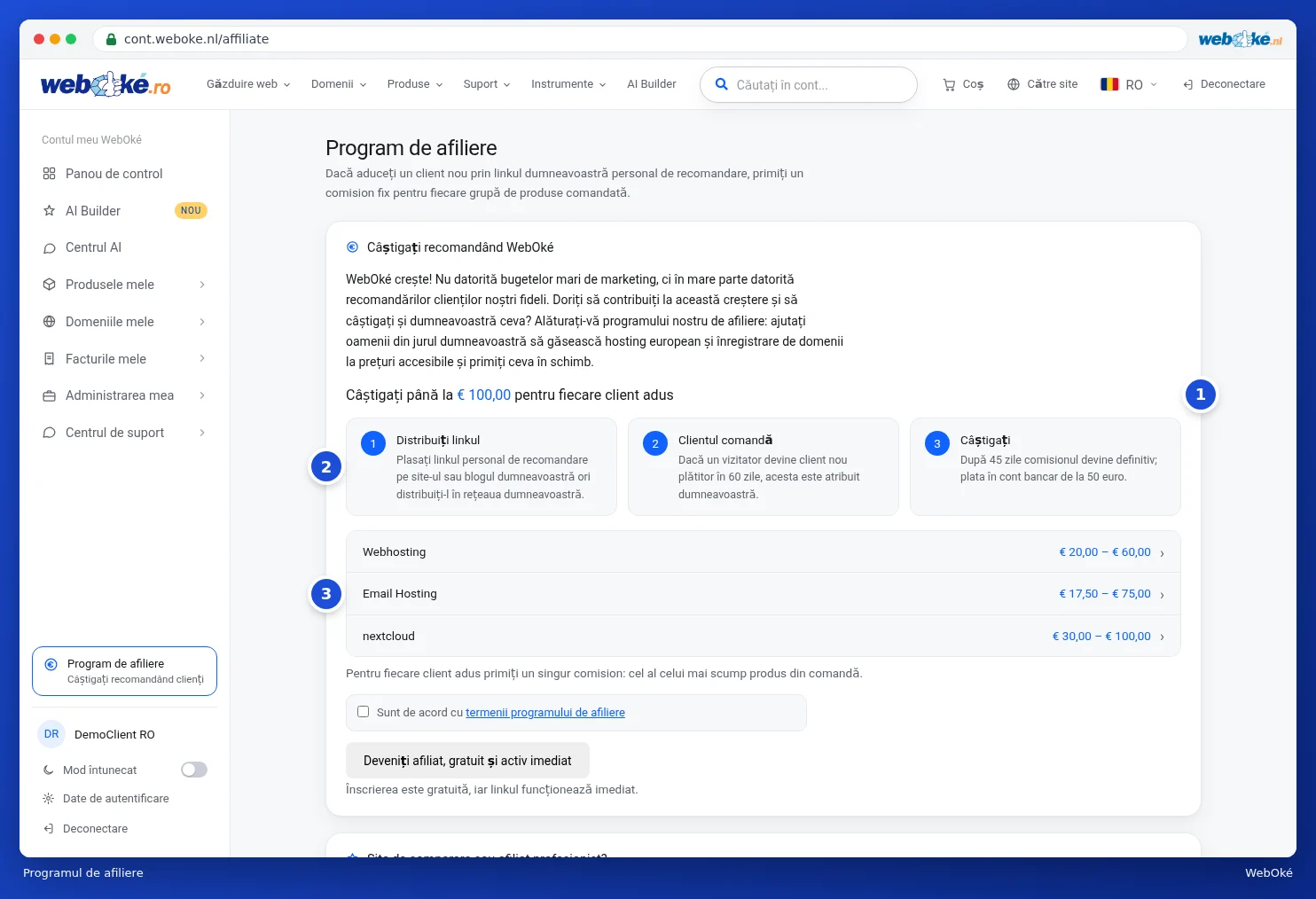 Pagina Program de afiliere cu explicația, cei trei pași și comisionul pe fiecare grupă de produse