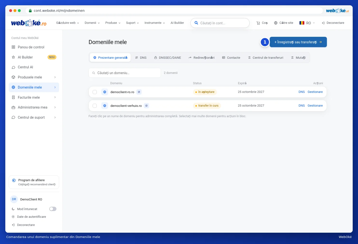 Butonul Înregistrați sau transferați din Domeniile mele