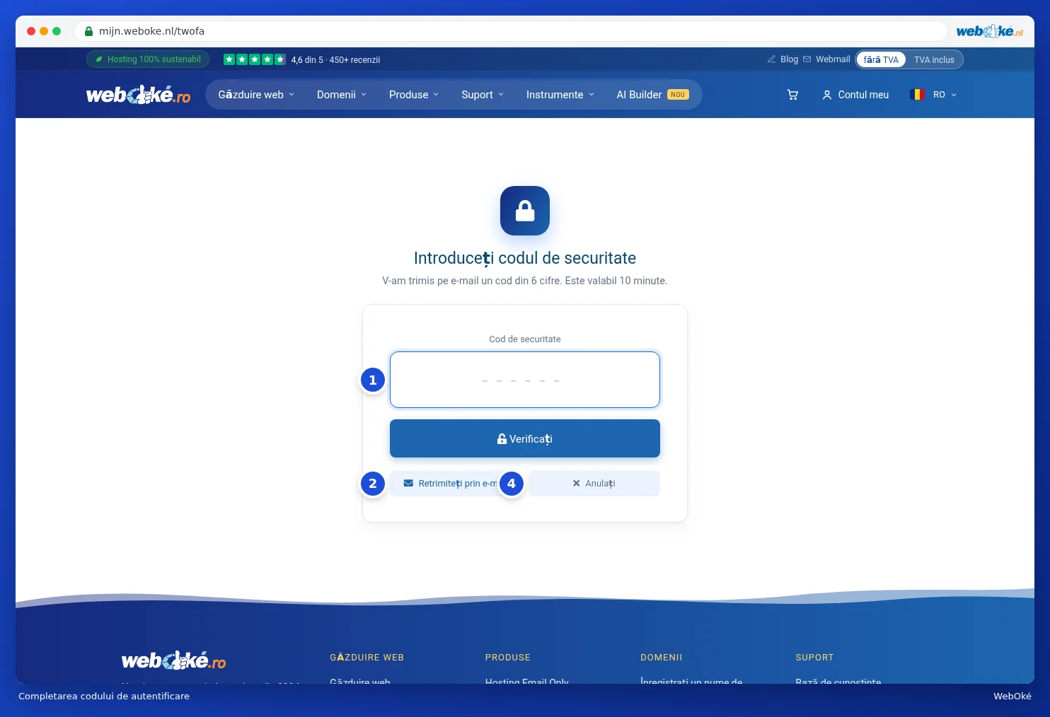 Ecranul Introduceți codul de securitate cu câmpul pentru cod și butoanele de dedesubt
