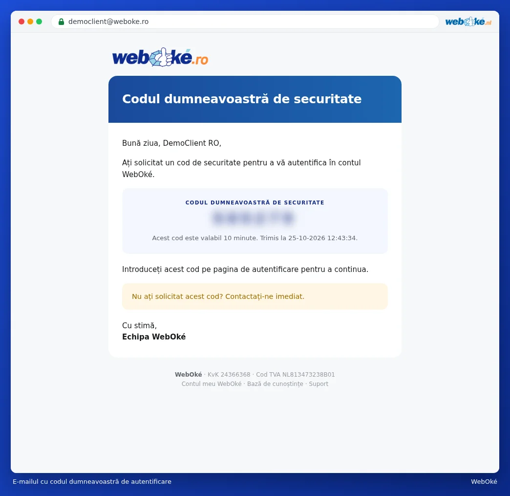 E-mailul Codul dumneavoastră de securitate cu codul din 6 cifre