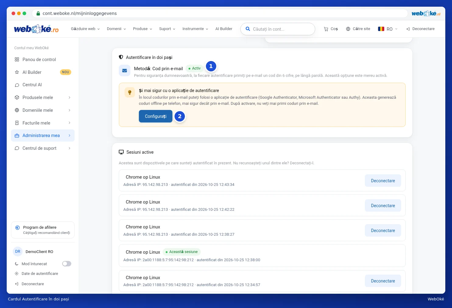 Cardul Autentificare în doi pași cu Metodă Cod prin e-mail și butonul Configurați