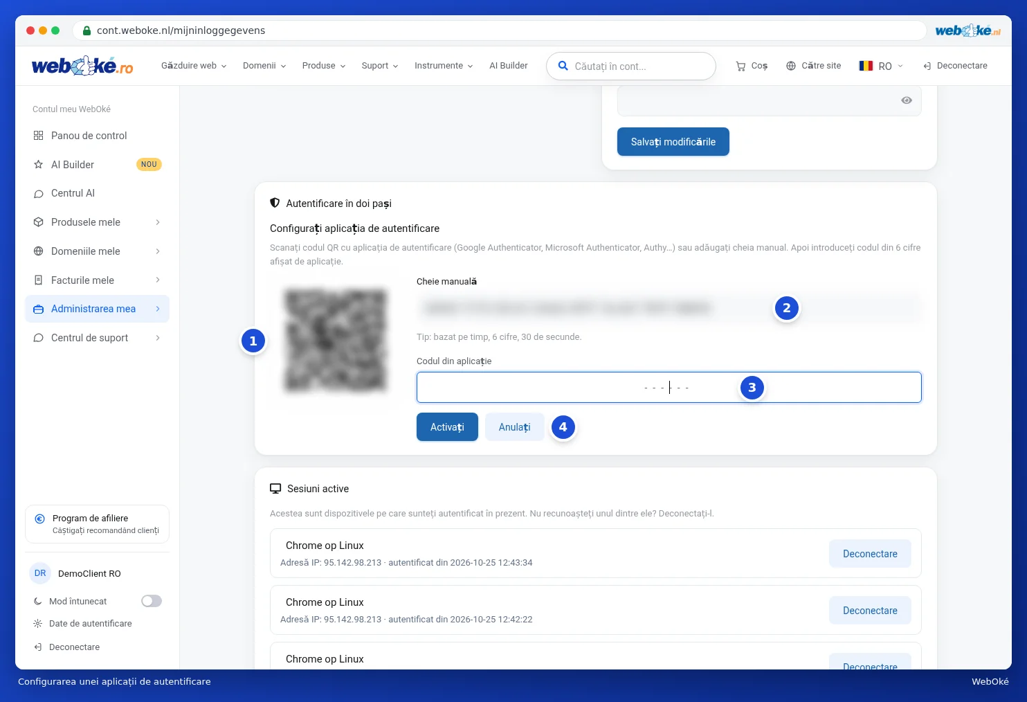 Ecranul de configurare a aplicației de autentificare cu codul QR, cheia manuală și câmpul Codul din aplicație