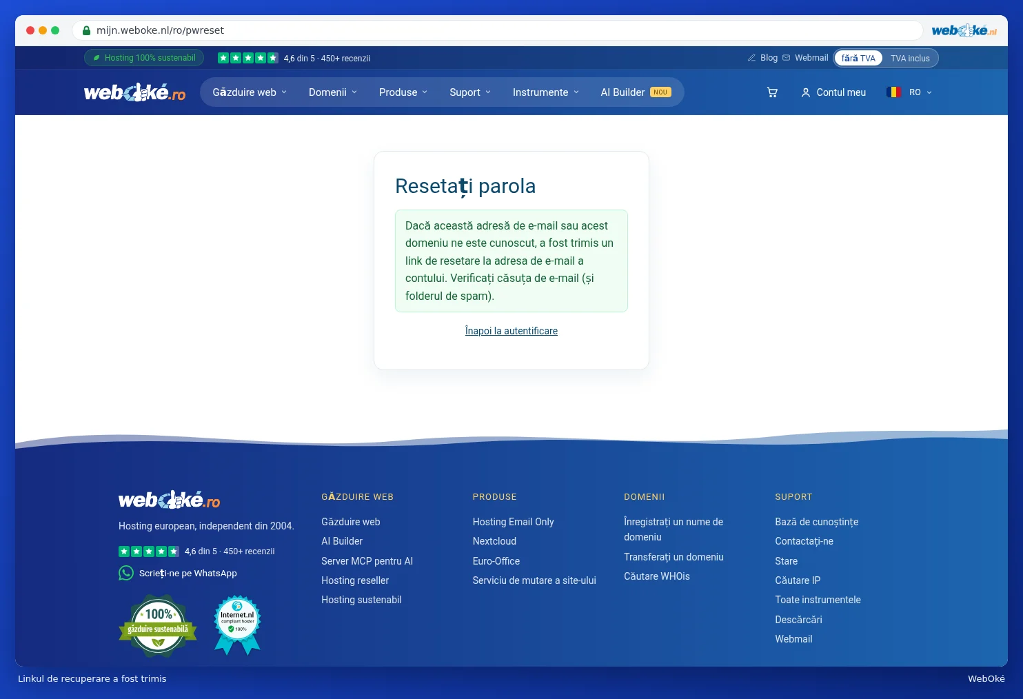 Mesajul că a fost trimis un link de resetare
