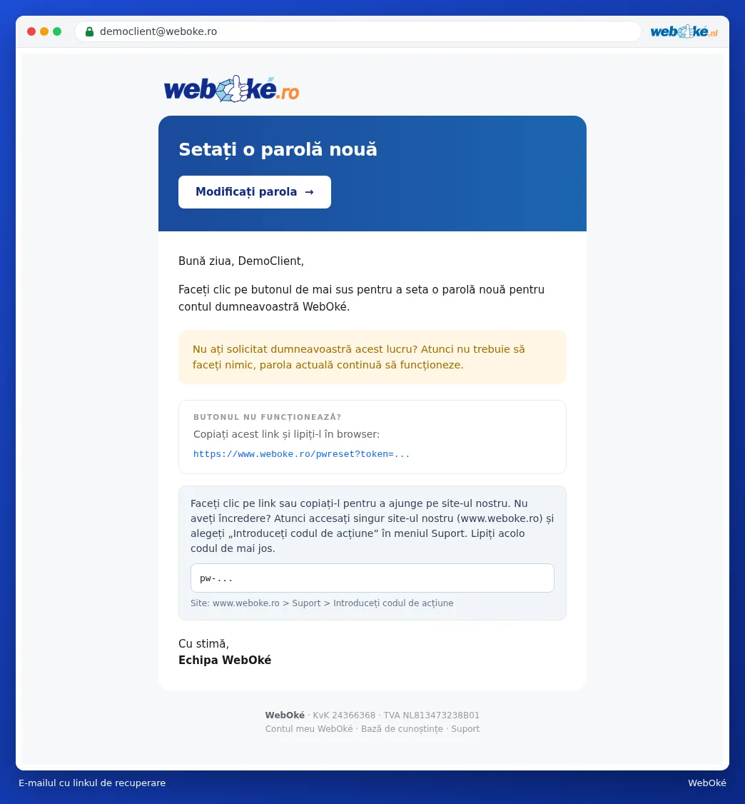 E-mailul Setați o parolă nouă cu butonul Modificați parola