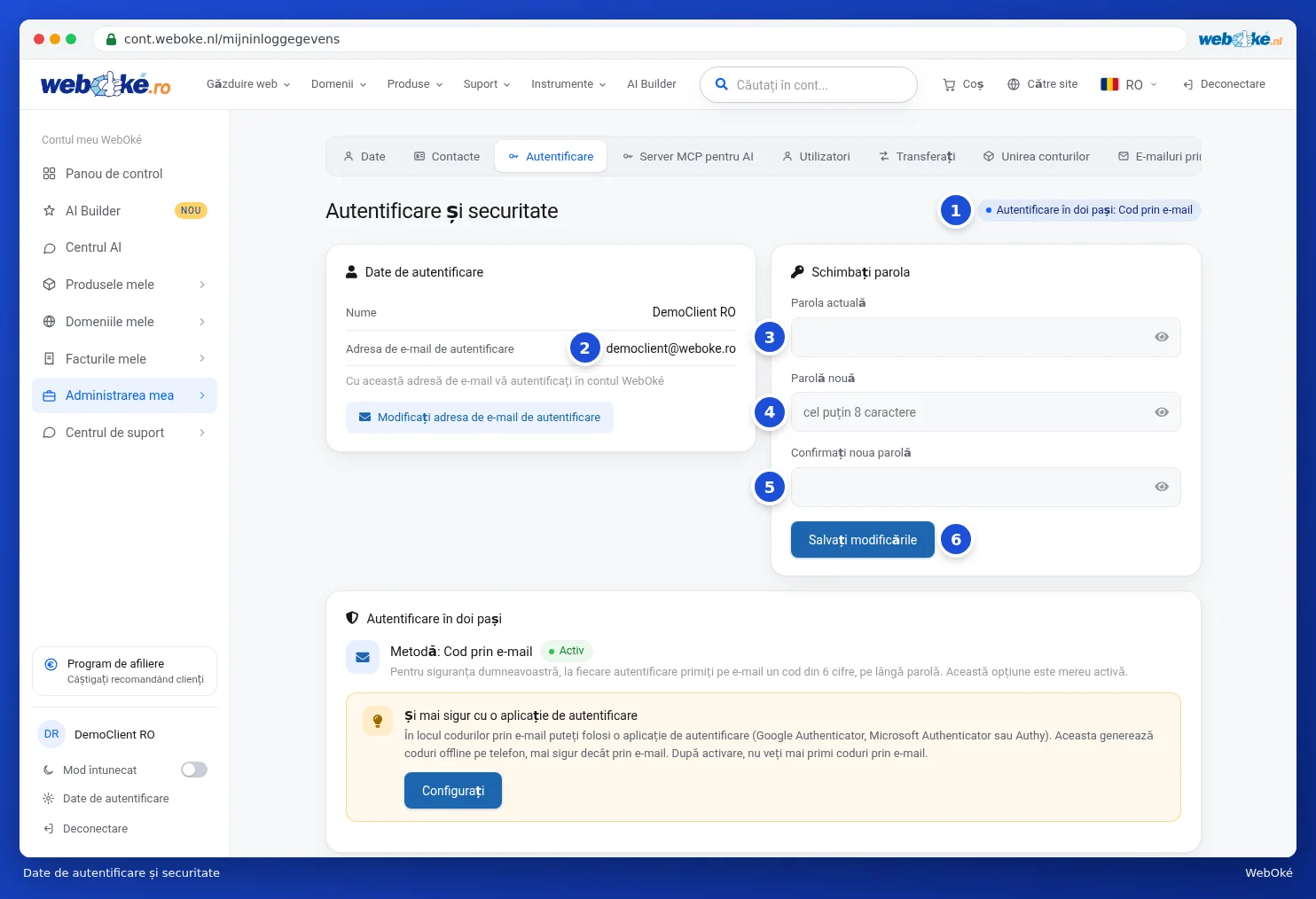 Ecranul Date de autentificare și securitate cu adresa de e-mail de autentificare și cardul Modificați parola