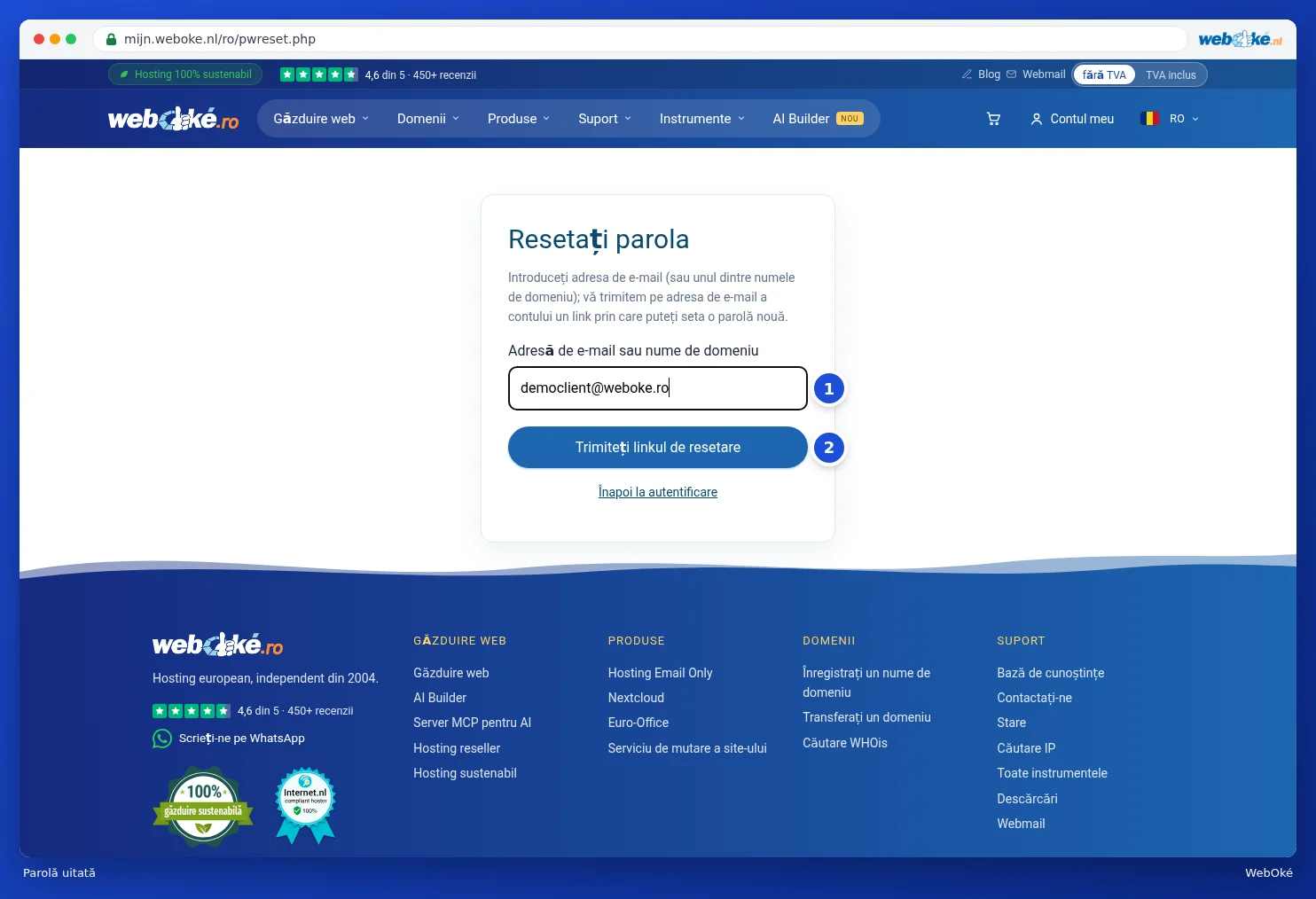 Ecranul Resetare parolă cu câmpul Adresă de e-mail sau nume de domeniu