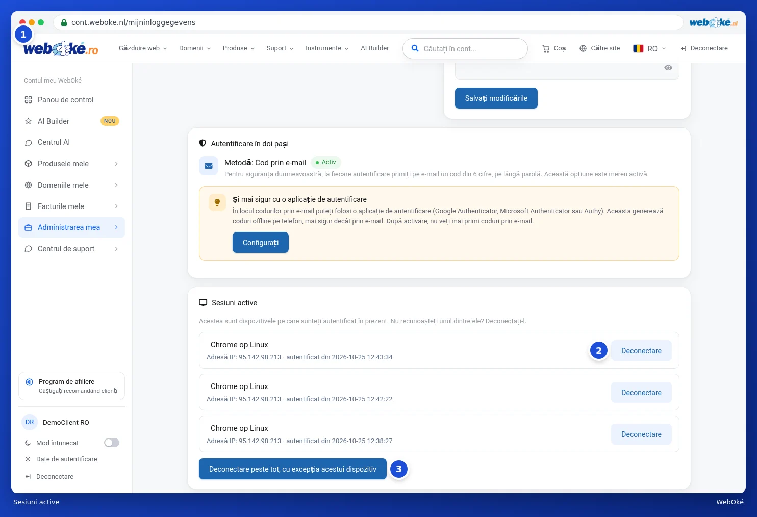 Cardul Sesiuni active cu, pentru fiecare sesiune, browserul, adresa IP și ora de conectare