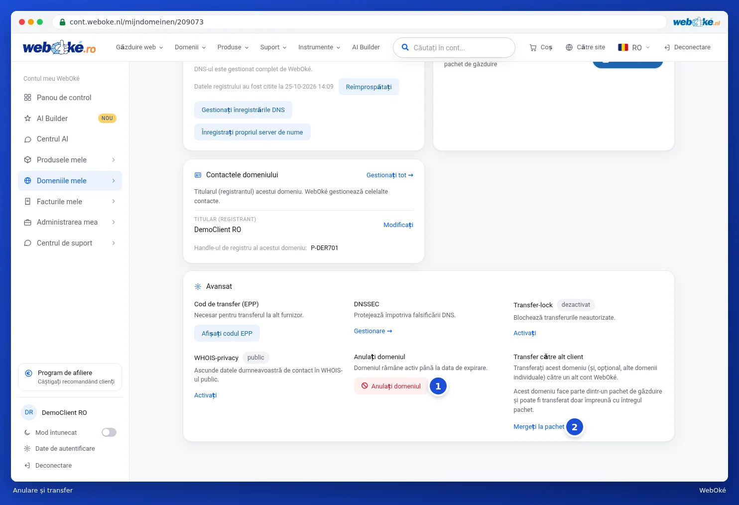 Fila Funcții avansate cu Anulați domeniul și Transfer către alt client