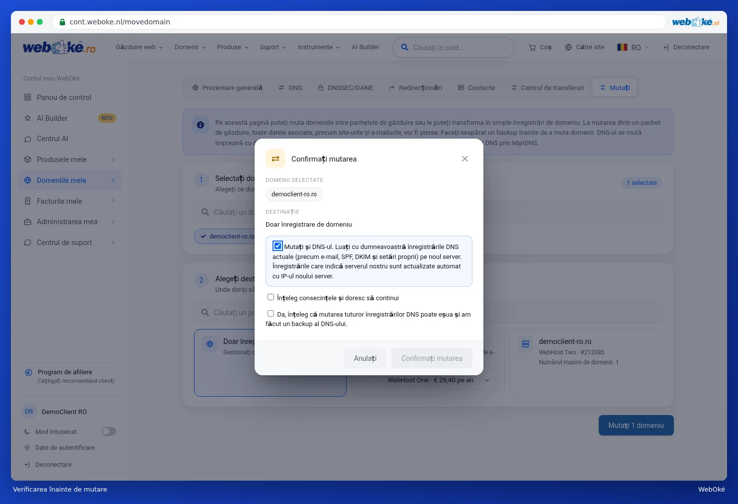 Fereastra Confirmați mutarea cu bifele