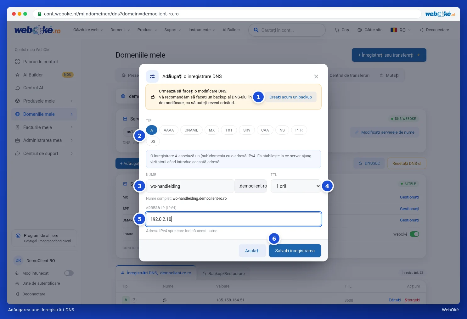 Fereastra Adăugați o înregistrare DNS cu o înregistrare A completată