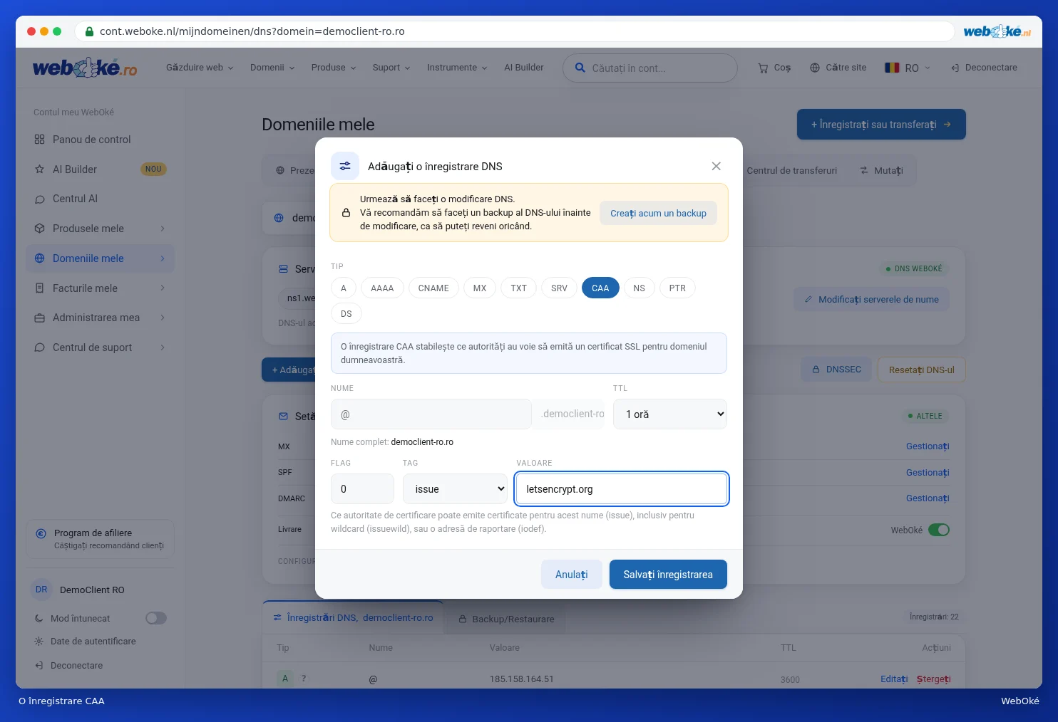 Fereastra cu o înregistrare CAA pentru letsencrypt.org
