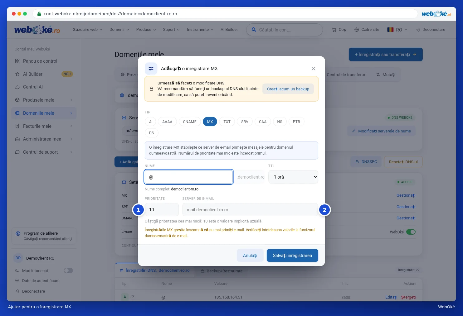 Fereastra de adăugare a unei înregistrări MX cu prioritate și server de e-mail