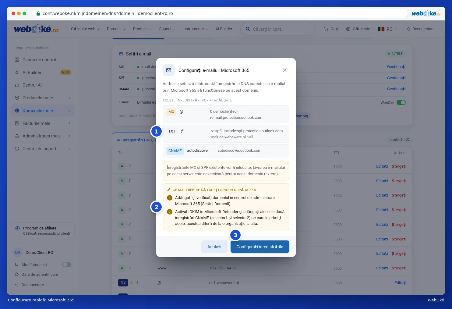 Fereastra Configurați e-mailul pentru Microsoft 365 cu înregistrările și pașii pe care îi faceți singur