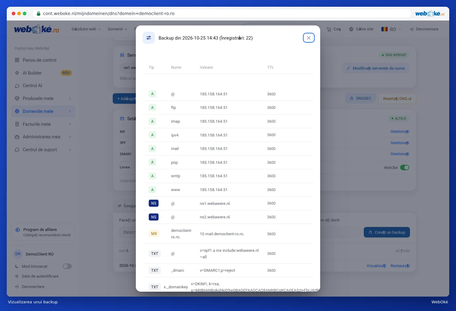 O fereastră cu toate înregistrările dintr-un backup