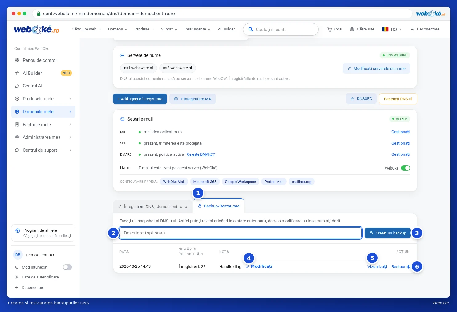 Fila Backup/Restaurare cu un backup creat