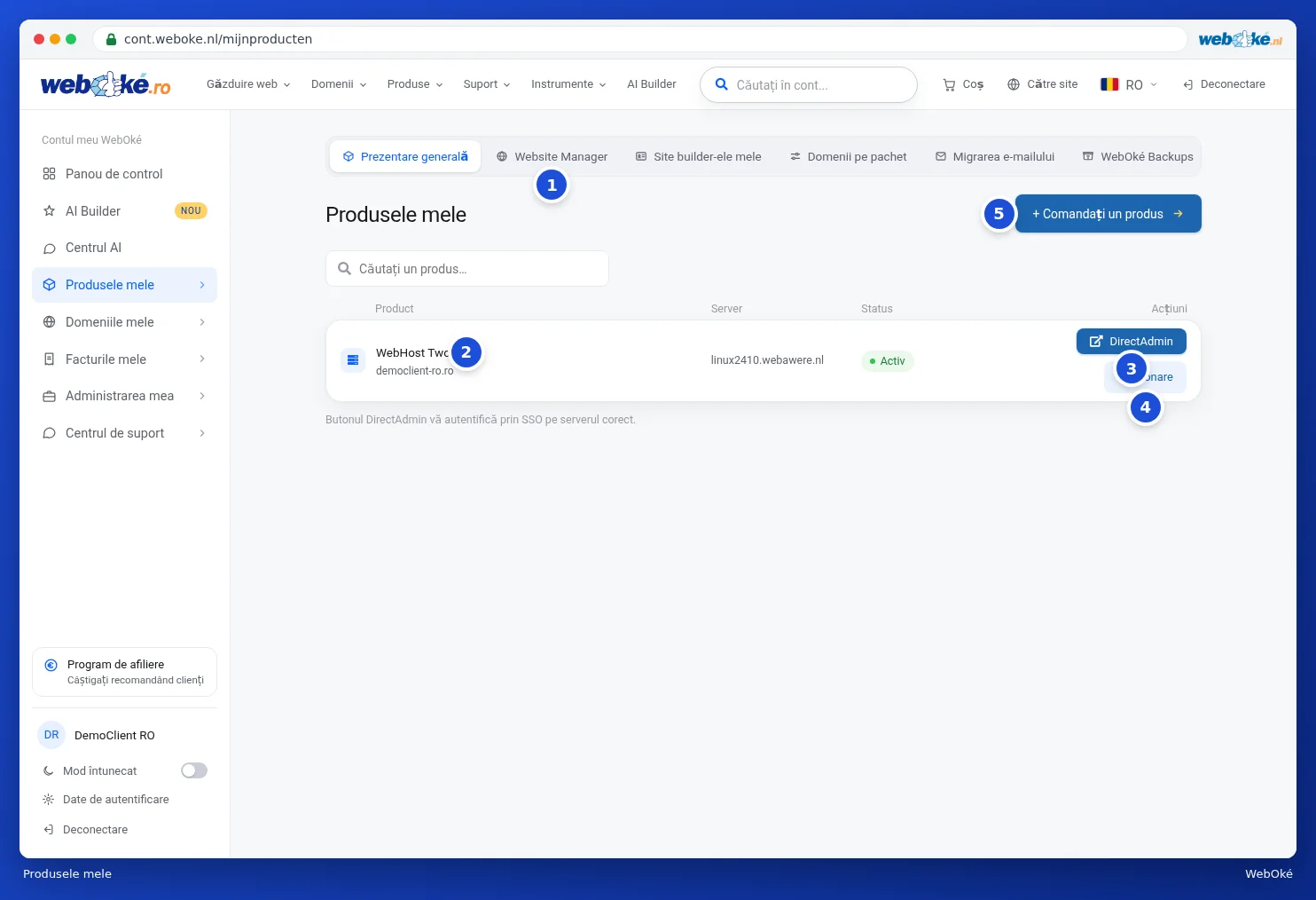 Rezumatul Produsele mele cu un pachet de hosting, bara de file și butoanele DirectAdmin și Administrare