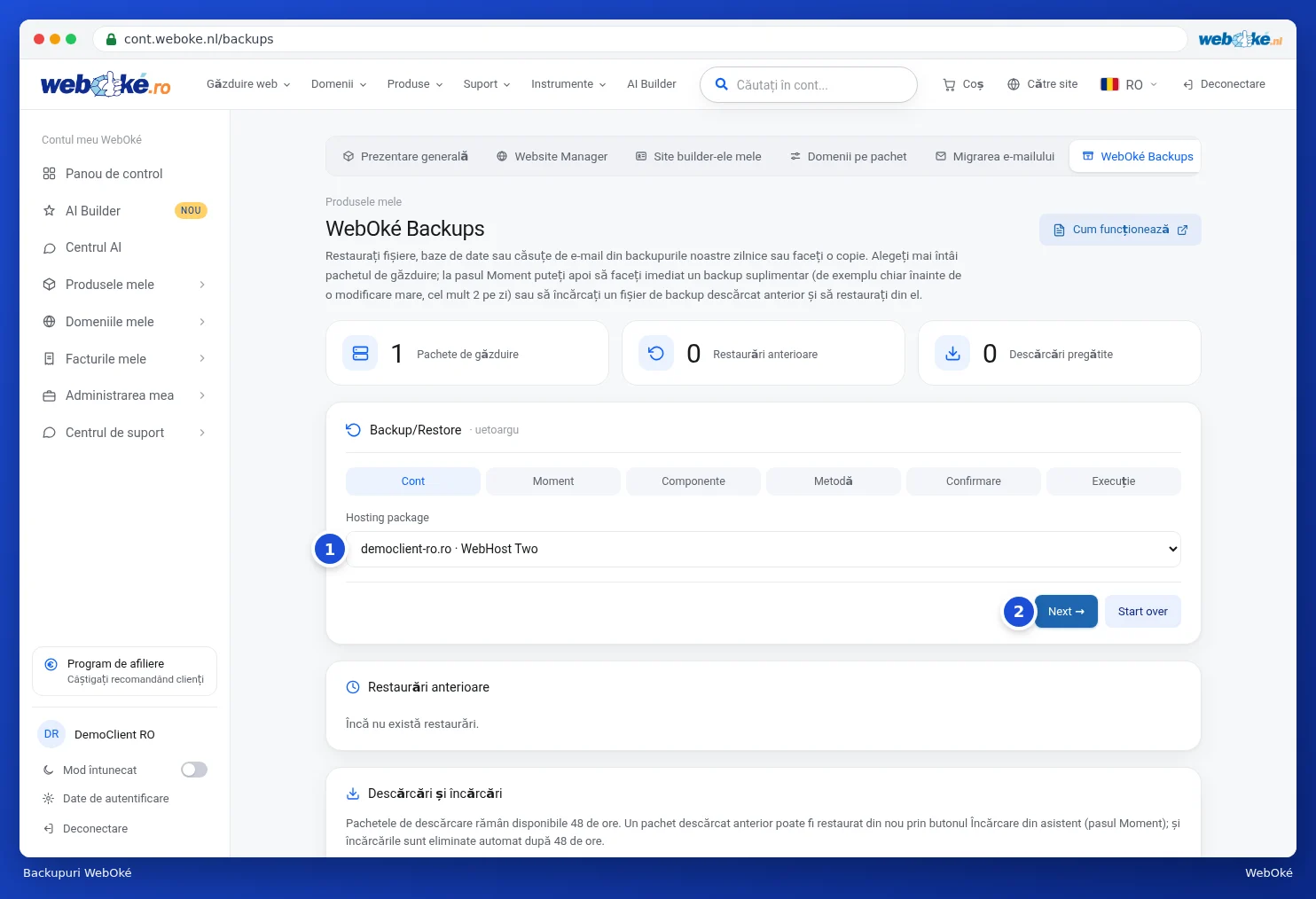 Pagina WebOké Backups cu expertul și alegerea pachetului de hosting