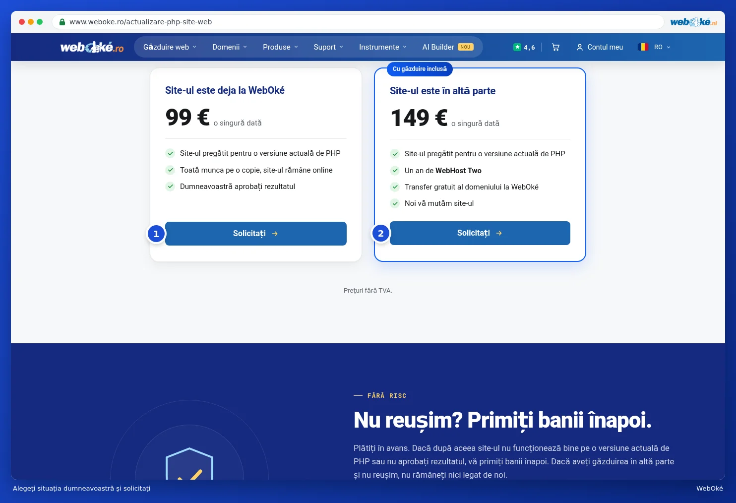 Cele două opțiuni de pe pagina Upgrade PHP cu butoanele Solicitați
