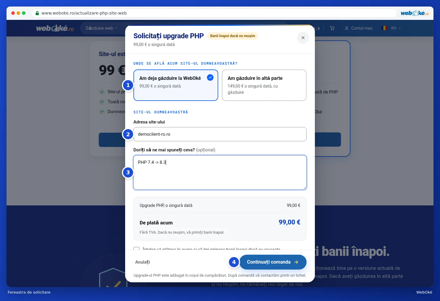 Fereastra Solicitați upgrade PHP cu opțiunea aleasă, adresa site-ului și o explicație