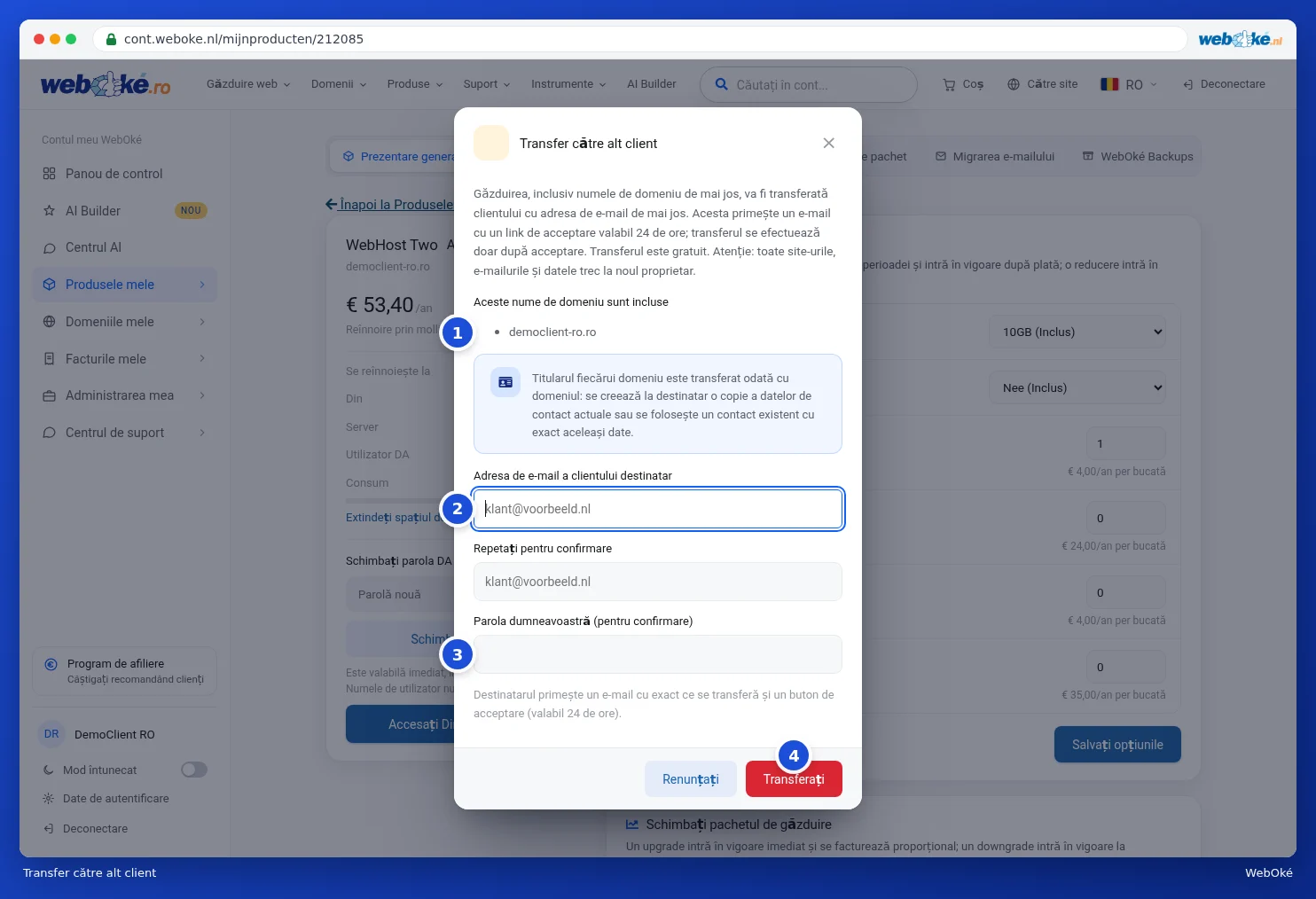 Fereastra Transfer către alt client cu domeniile, adresa de e-mail și parola