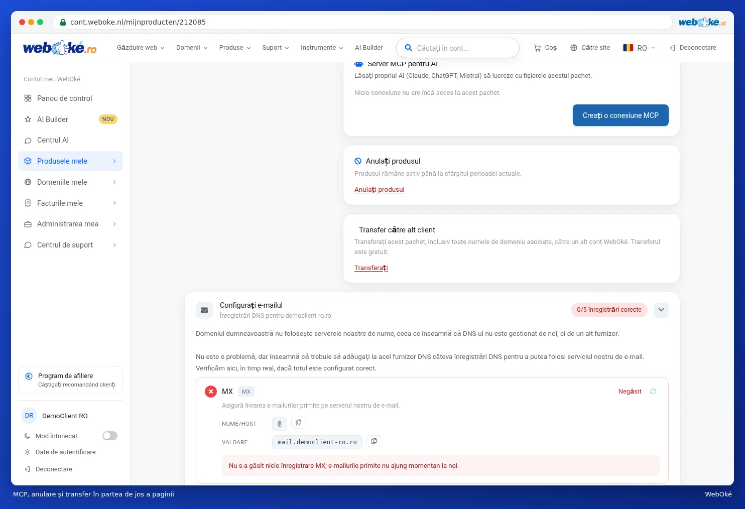 Cardurile Server MCP pentru AI, Anulați produsul și Transfer către alt client