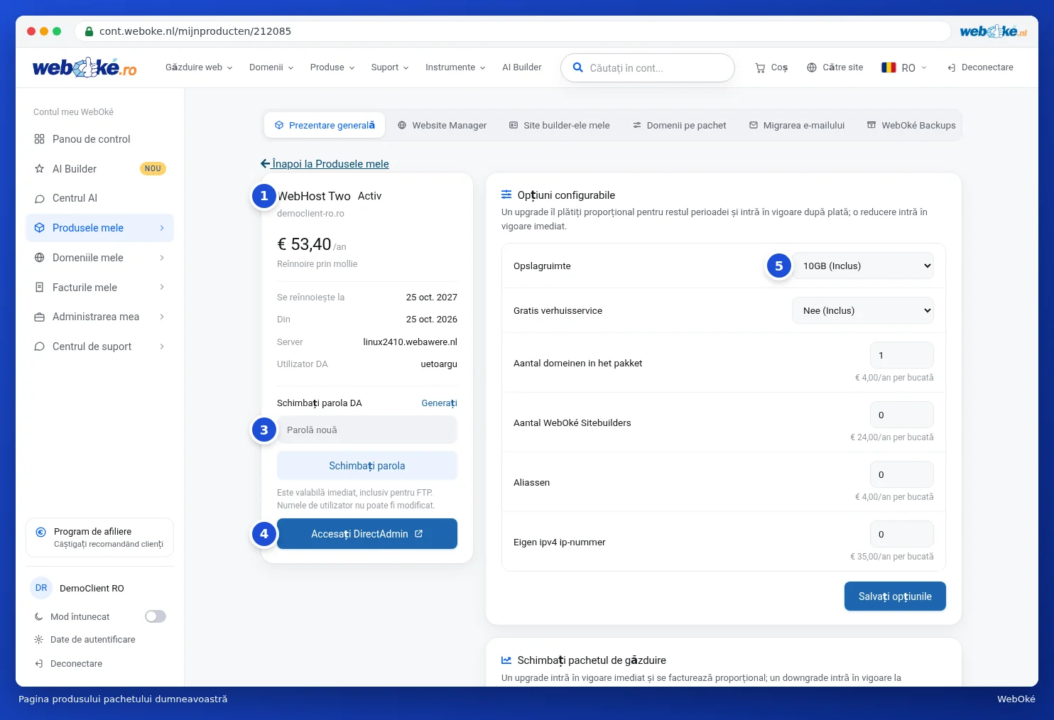 Pagina produsului WebHost Two cu datele pachetului în stânga și opțiunile configurabile în dreapta
