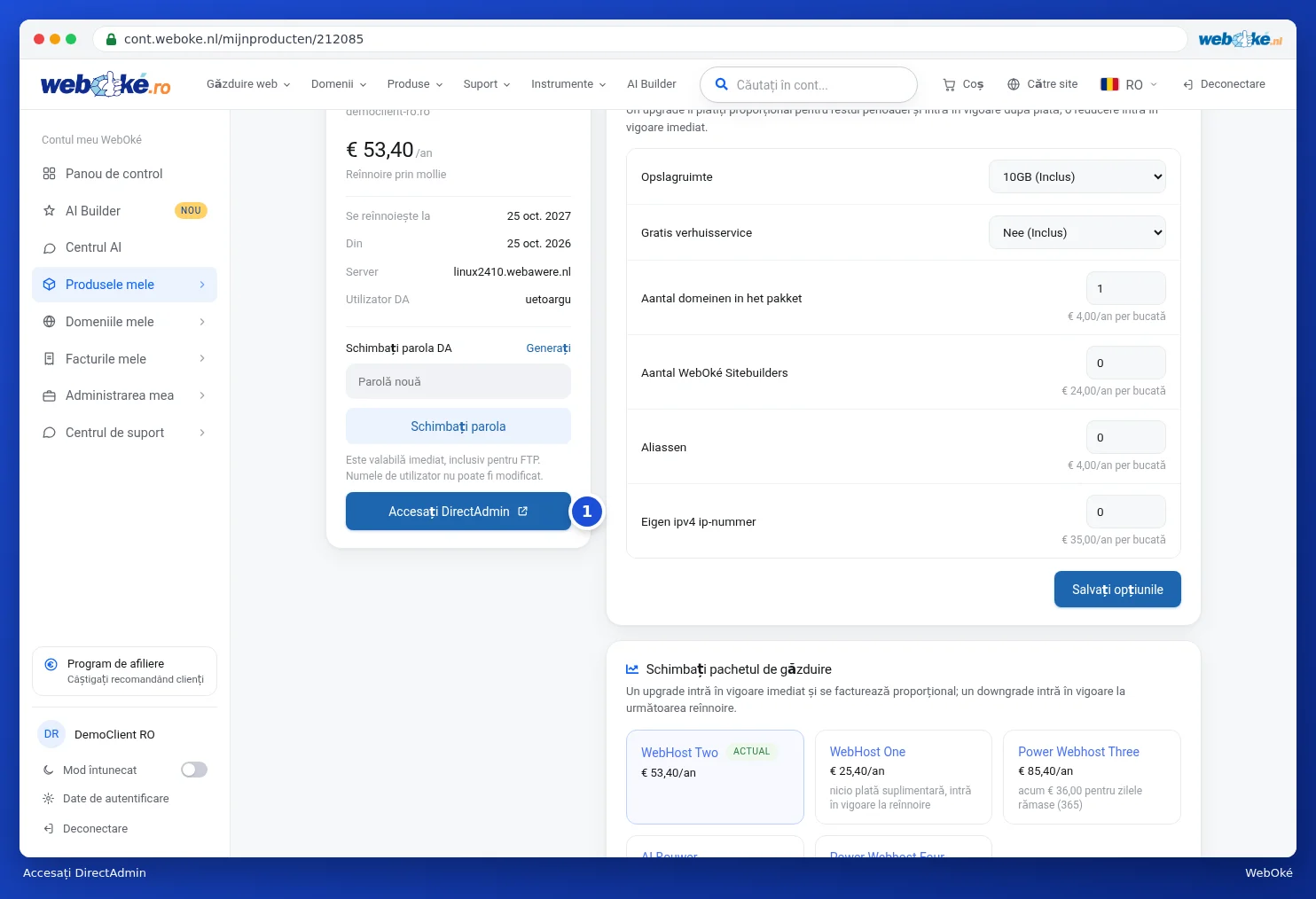 Butonul Accesați DirectAdmin pe pagina produsului
