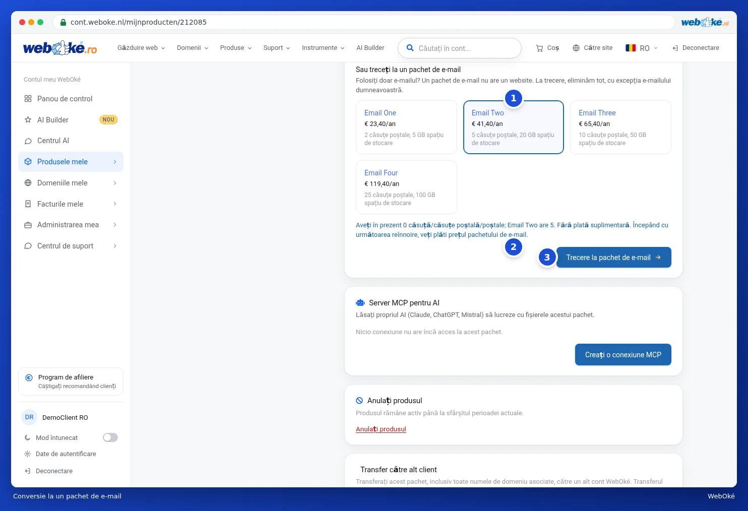 Un pachet de e-mail selectat cu numărul de căsuțe de e-mail și butonul Trecere la pachet de e-mail
