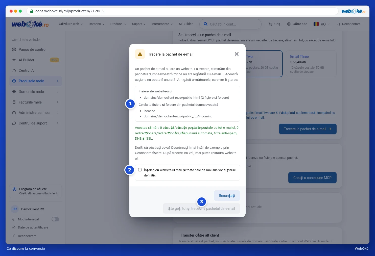 Fereastra Trecere la pachet de e-mail cu ce va fi șters și ce rămâne