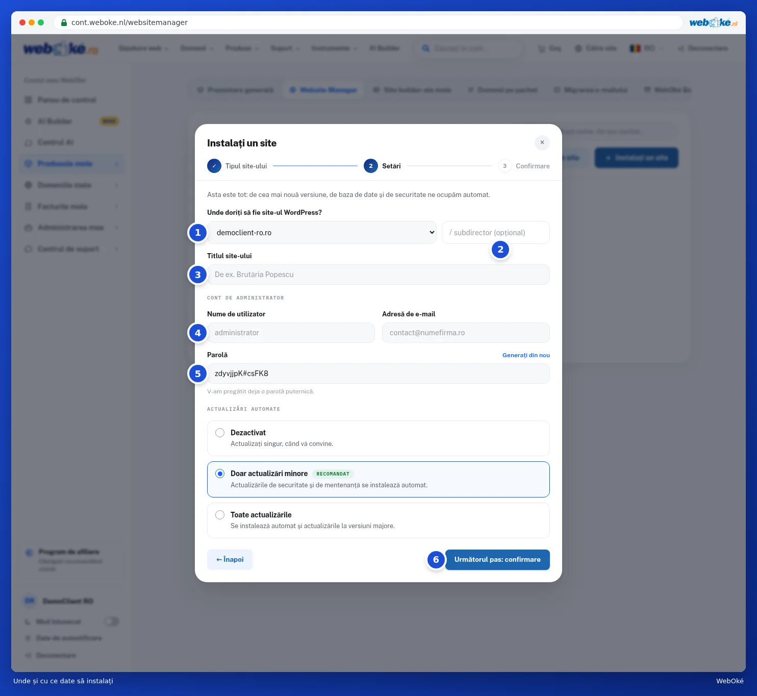 Ecranul de instalare cu domeniu, subdirector, titlul site-ului, contul de administrator și actualizările automate