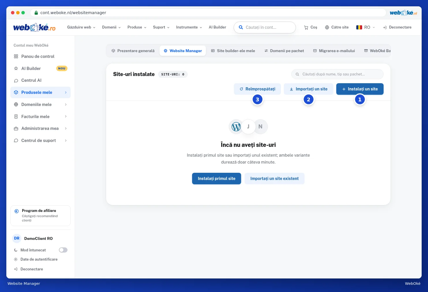 Website Manager fără site-uri, cu butoanele Instalați un site și Importați un site