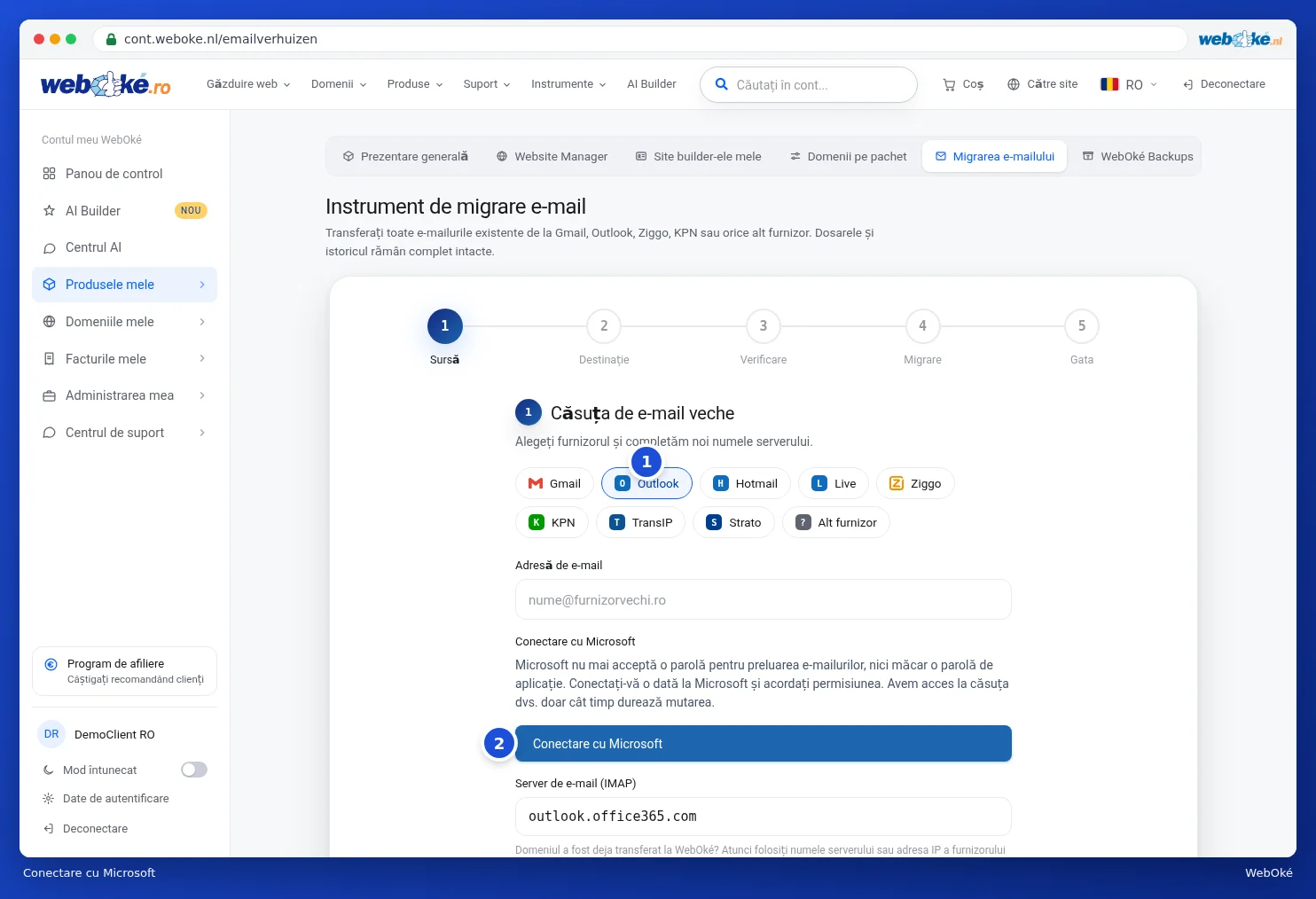 Primul pas cu Outlook ales și butonul Conectare cu Microsoft