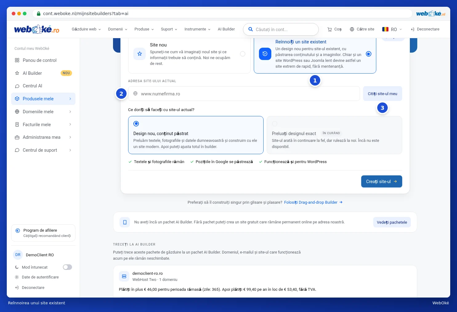 Opțiunea Reînnoiți un site existent cu câmpul pentru adresa site-ului actual