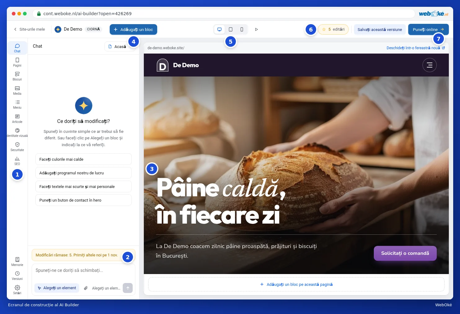 Ecranul de construcție cu bara și chatul în stânga și previzualizarea site-ului în dreapta