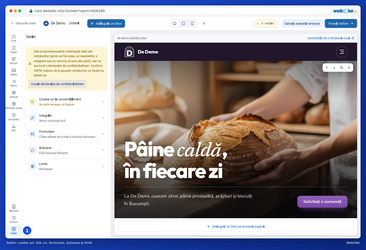 Panoul Setări cu cookie-uri, integrări, formulare, butoane și limbi