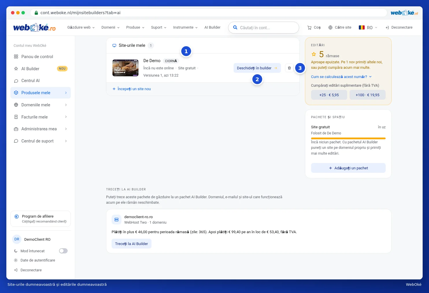 Prezentarea generală a site-urilor dumneavoastră sub cardul de pornire al AI Builder